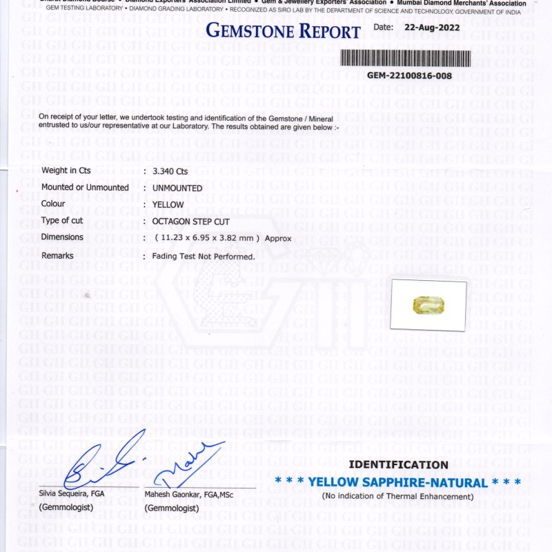 3.34 Ct GII Certified Unheated Untreated Natural Ceylon Yellow Sapphire