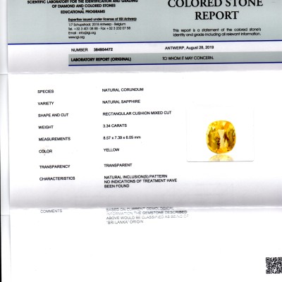 3.34 Ct IGI Certified Unheated Untreated Natural Ceylon Yellow Sapphire 3.34 Ct IGI Certified Unheated Untreated Natural Ceylon Yellow Sapphire