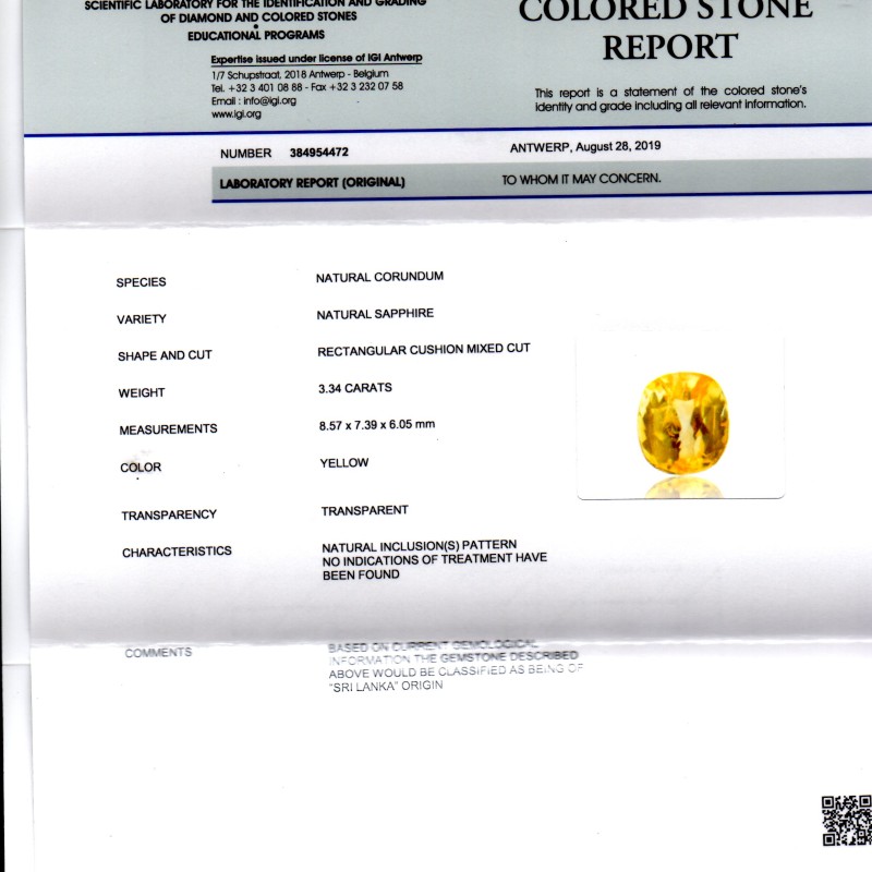 3.34 Ct IGI Certified Unheated Untreated Natural Ceylon Yellow Sapphire 3.34 Ct IGI Certified Unheated Untreated Natural Ceylon Yellow Sapphire