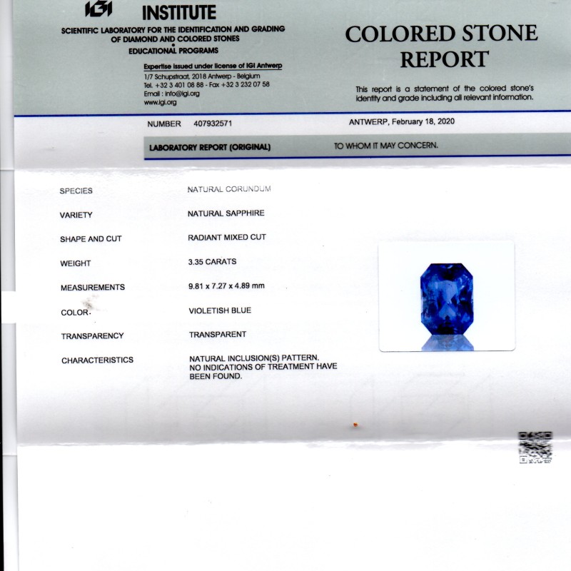 3.35 Ct IGI Certified Unheated Untreated Natural Ceylon Blue Sapphire AAA 3.35 Ct IGI Certified Unheated Untreated Natural Ceylon Blue Sapphire AAA