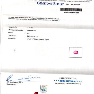 3.35 Ct GII Certified Unheated Untreated Natural Madagaskar Ruby AAAA