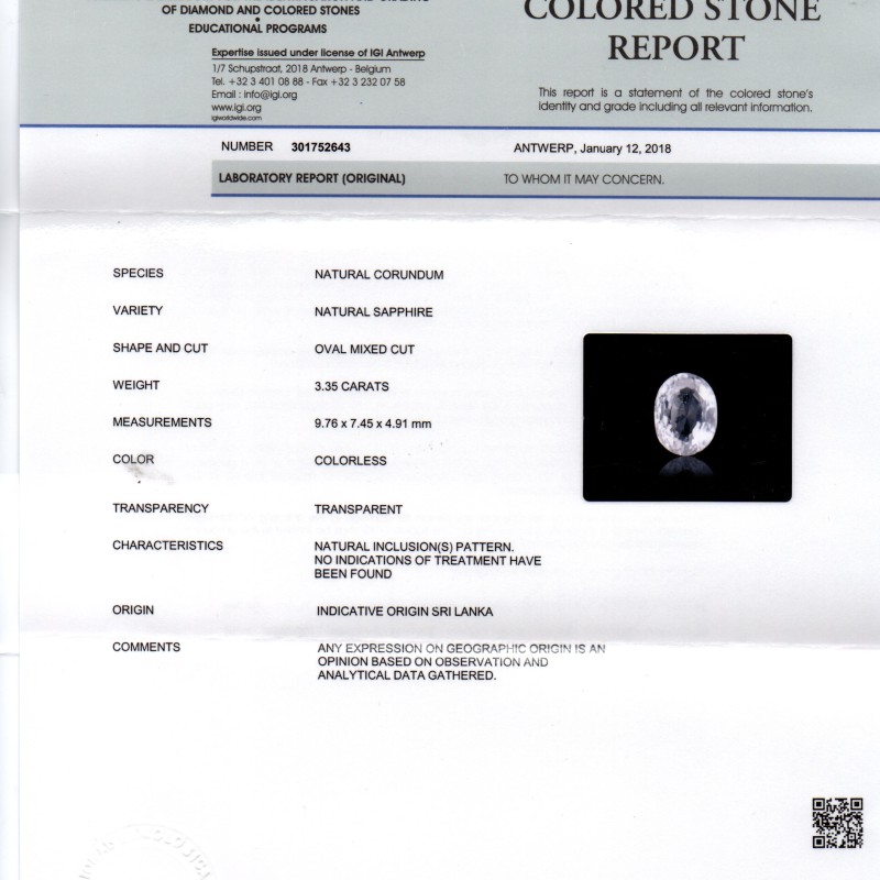 3.35 Ct Unheated Untreated IGI Certified Natural Ceylon White Sapphire