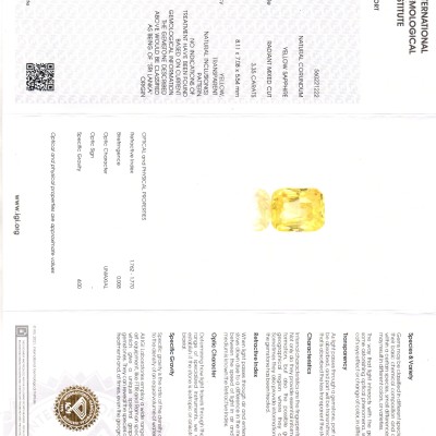 3.35 Ct IGI Certified Unheated Untreated Natural Ceylon Yellow Sapphire AAA
