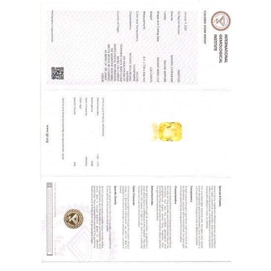 3.35 Ct IGI Certified Unheated Untreated Natural Ceylon Yellow Sapphire AAA