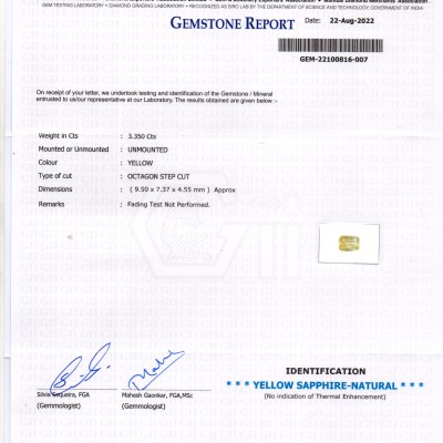 3.35 Ct GII Certified Unheated Untreated Natural Ceylon Yellow Sapphire 3.35 Ct GII Certified Unheated Untreated Natural Ceylon Yellow Sapphire