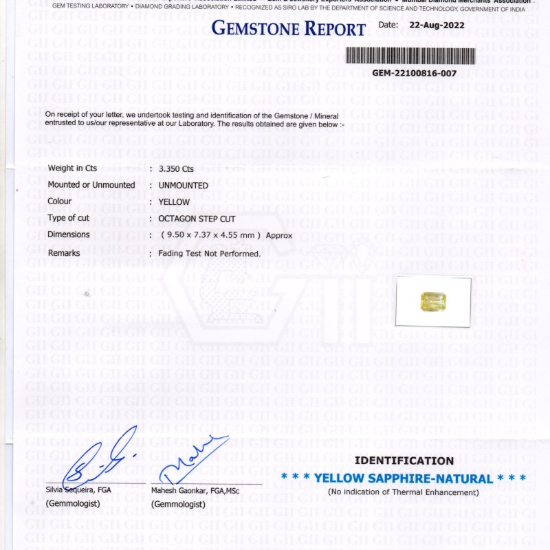 3.35 Ct GII Certified Unheated Untreated Natural Ceylon Yellow Sapphire 3.35 Ct GII Certified Unheated Untreated Natural Ceylon Yellow Sapphire