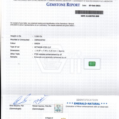 3.36 Ct GII Certified Untreated Natural Zambian Emerald Gemstones