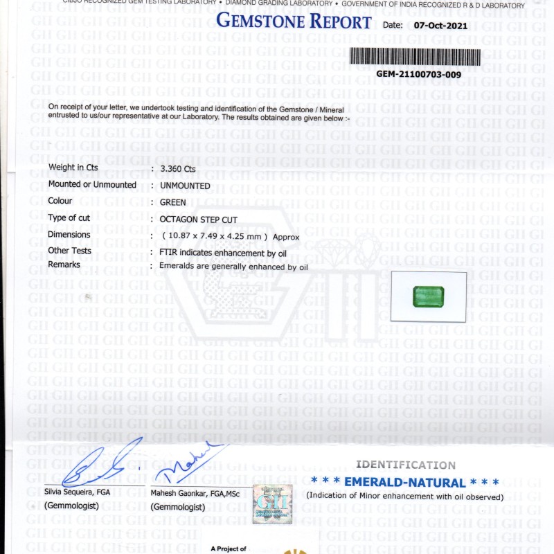 3.36 Ct GII Certified Untreated Natural Zambian Emerald Gemstones