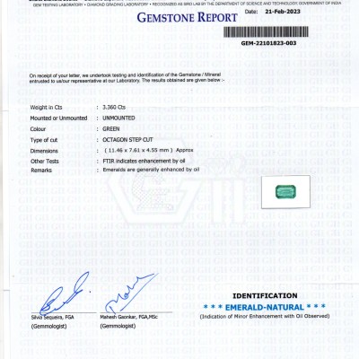 3.36 Ct GII Certified Untreated Natural Zambian Emerald Gemstone Panna AA