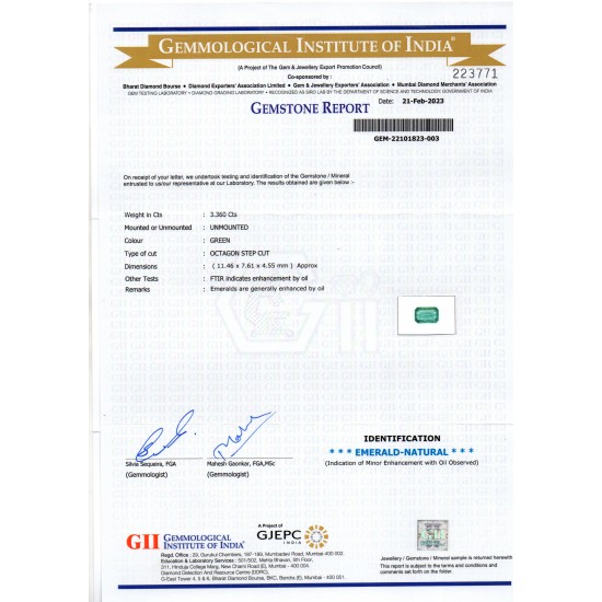 3.36 Ct GII Certified Untreated Natural Zambian Emerald Gemstone Panna AA