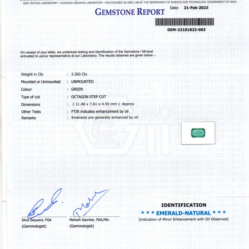 3.36 Ct GII Certified Untreated Natural Zambian Emerald Gemstone Panna AA