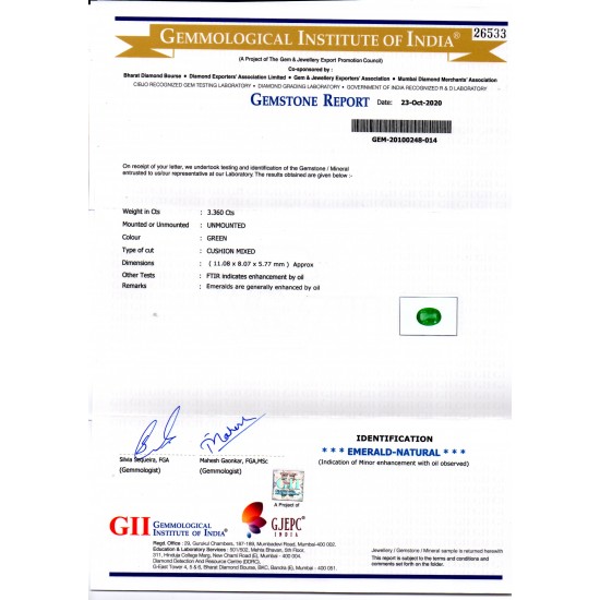 3.36 Ct GII Certified Untreated Natural Zambian Emerald Gems AAAAA