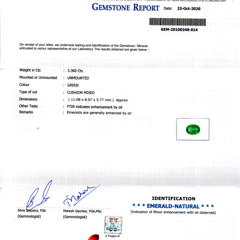 3.36 Ct GII Certified Untreated Natural Zambian Emerald Gems AAAAA 3.36 Ct GII Certified Untreated Natural Zambian Emerald Gems AAAAA