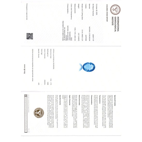 3.37 Ct IGI Certified Unheated Untreated Natural Ceylon Blue Sapphire AAA