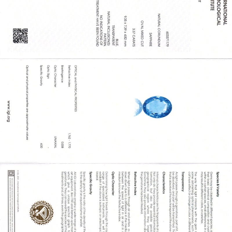 3.37 Ct IGI Certified Unheated Untreated Natural Ceylon Blue Sapphire AAA 3.37 Ct IGI Certified Unheated Untreated Natural Ceylon Blue Sapphire AAA