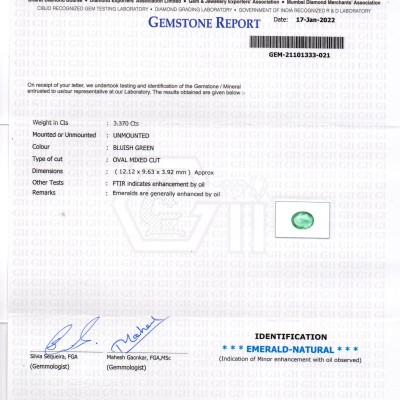3.37 Ct GII Certified Untreated Natural Zambian Emerald Gemstone