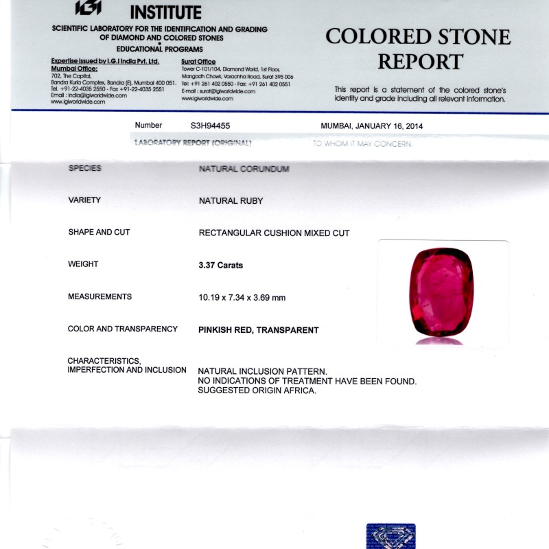 3.37 Ct IGI Certified Unheated Untreated Natural Madagaskar Ruby AAA