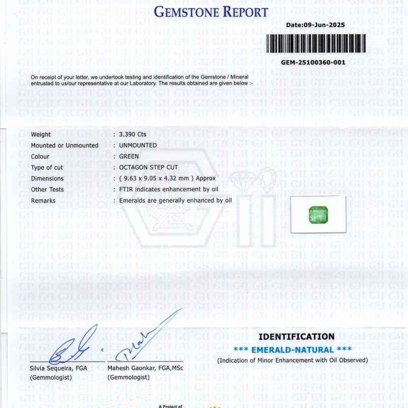 3.39 Ct GII Untreated Natural Zambian Emerald Gemstone Panna AAA