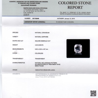 3.39 Ct Unheated Untreated IGI Certified Natural Ceylon White Sapphire