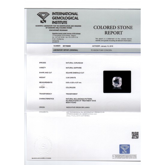 3.39 Ct Unheated Untreated IGI Certified Natural Ceylon White Sapphire