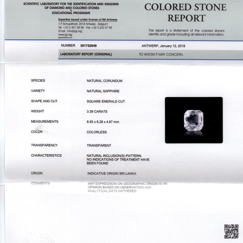 3.39 Ct Unheated Untreated IGI Certified Natural Ceylon White Sapphire 3.39 Ct Unheated Untreated IGI Certified Natural Ceylon White Sapphire