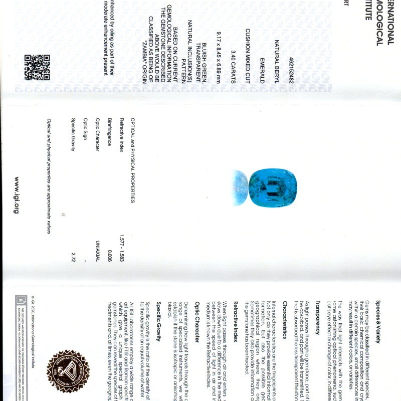3.40 Ct IGI Certified Untreated Natural Zambian Emerald Gems AAAAA 3.40 Ct IGI Certified Untreated Natural Zambian Emerald Gems AAAAA