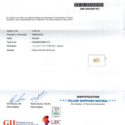 3.40 Ct GII Certified Unheated Untreated Natural Ceylon Yellow Sapphire 3.40 Ct GII Certified Unheated Untreated Natural Ceylon Yellow Sapphire