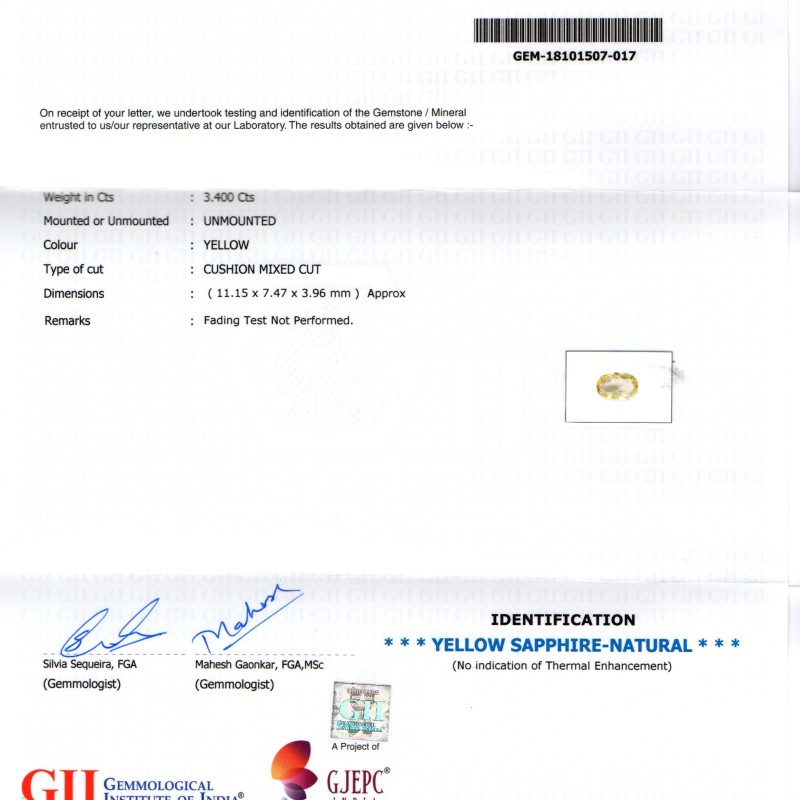 3.40 Ct GII Certified Unheated Untreated Natural Ceylon Yellow Sapphire 3.40 Ct GII Certified Unheated Untreated Natural Ceylon Yellow Sapphire