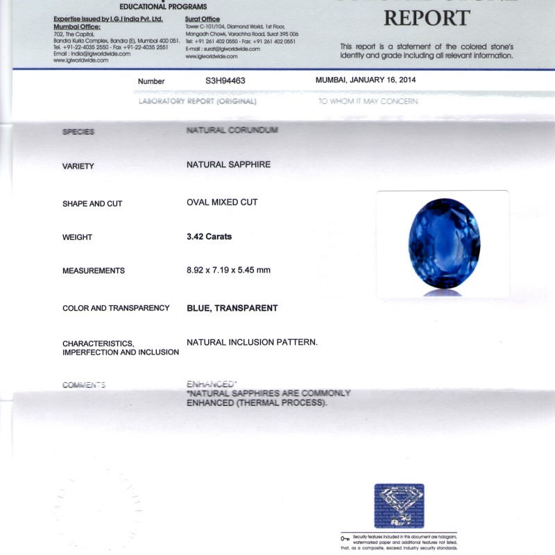 3.42 Ct IGI Certified Untreated Natural Ceylon Blue Sapphire Gems