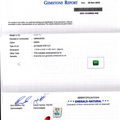 3.42 Ct GII Certified Untreated Natural Zambian Emerald Gemstone
