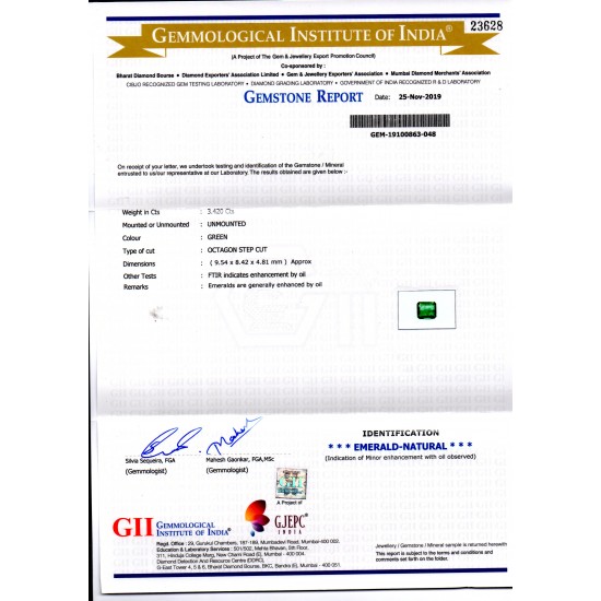 3.42 Ct GII Certified Untreated Natural Zambian Emerald Gemstone