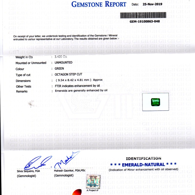 3.42 Ct GII Certified Untreated Natural Zambian Emerald Gemstone
