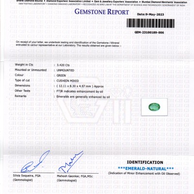 3.42 Ct GII Certified Untreated Natural Zambian Emerald Panna Gemstone