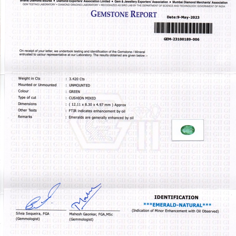 3.42 Ct GII Certified Untreated Natural Zambian Emerald Panna Gemstone