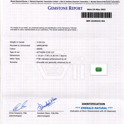 3.42 Ct GII Certified Untreated Natural Zambian Emerald Panna Gemstone