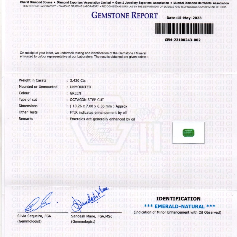 3.42 Ct GII Certified Untreated Natural Zambian Emerald Panna Gemstone