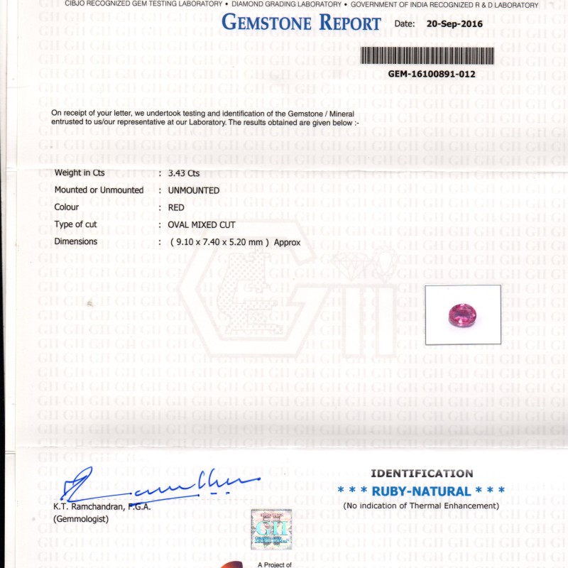 3.43 Ct GII Certified Unheated Untreated Natural Madagaskar Ruby AAAA