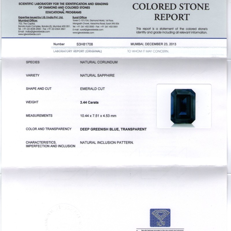 3.44 Ct IGI Certified Unheated Untreated Natural Blue Sapphire AA 3.44 Ct IGI Certified Unheated Untreated Natural Blue Sapphire AA