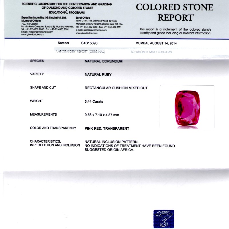 3.44 Ct IGI Certified Unheated Untreated Natural Madagaskar Ruby 3.44 Ct IGI Certified Unheated Untreated Natural Madagaskar Ruby