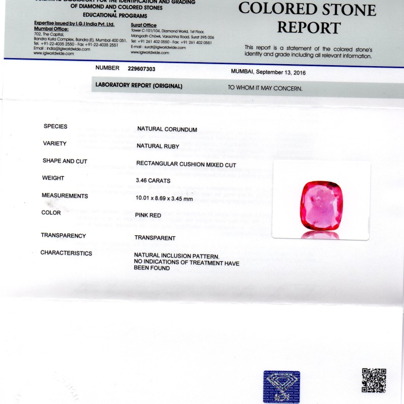 3.46 Ct IGI Certified Unheated Untreted Natural Madagaskar Ruby 3.46 Ct IGI Certified Unheated Untreted Natural Madagaskar Ruby