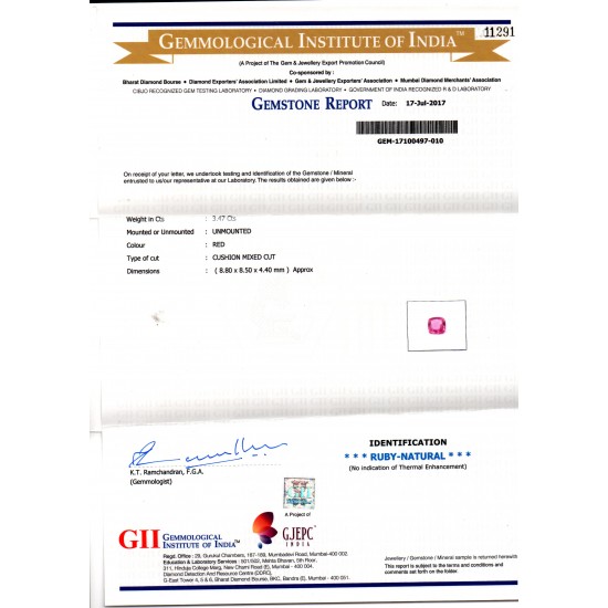 3.47 Ct GII Certified Unheated Untreated Natural Madagaskar Ruby AAAA