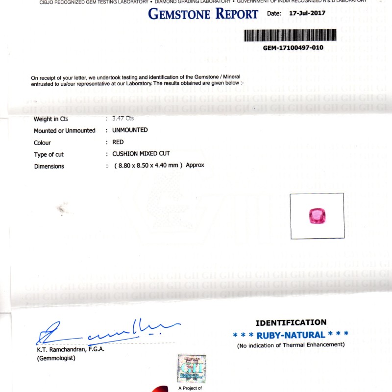 3.47 Ct GII Certified Unheated Untreated Natural Madagaskar Ruby AAAA