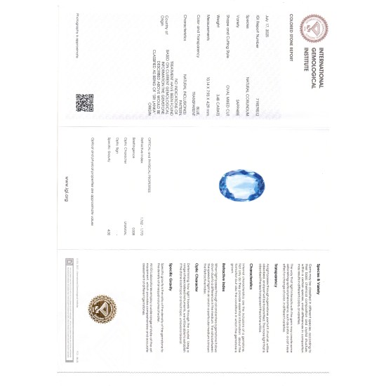 3.48 Ct IGI Certified Unheated Untreated Natural Ceylon Blue Sapphire 3.48 Ct IGI Certified Unheated Untreated Natural Ceylon Blue Sapphire
