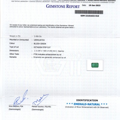 3.49 Ct Certified Untreated Natural Zambian Emerald Gemstone Panna