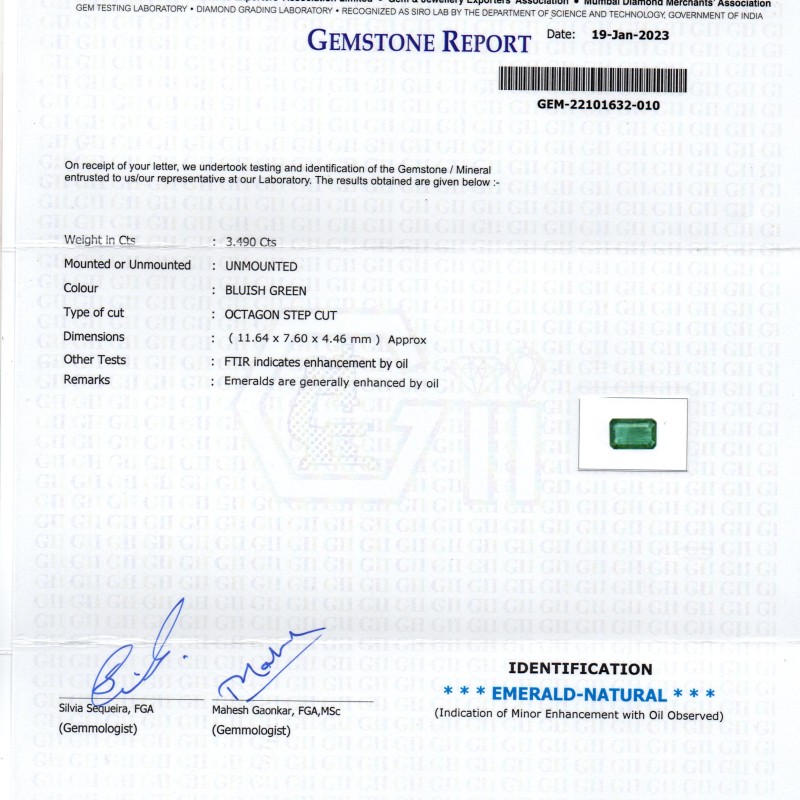 3.49 Ct Certified Untreated Natural Zambian Emerald Gemstone Panna