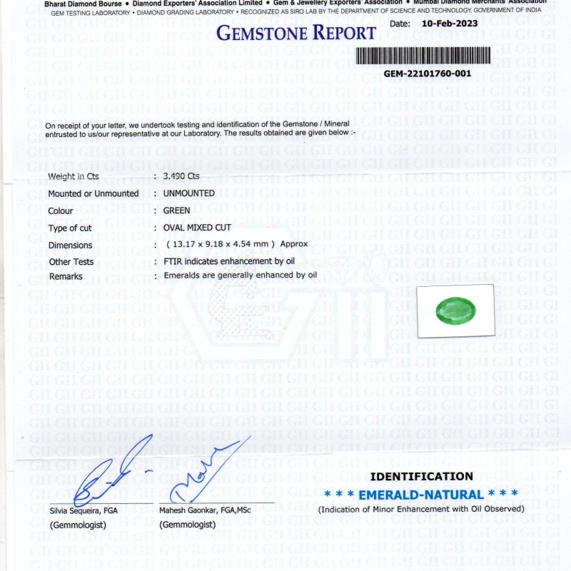 3.49 Ct GII Certified Untreated Natural Zambian Emerald Gemstone Panna AA