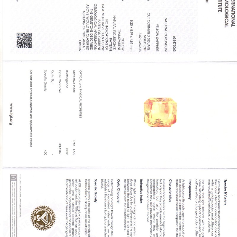 3.49 Ct IGI Certified Unheated Untreated Natural Ceylon Yellow Sapphire AAA 3.49 Ct IGI Certified Unheated Untreated Natural Ceylon Yellow Sapphire AAA