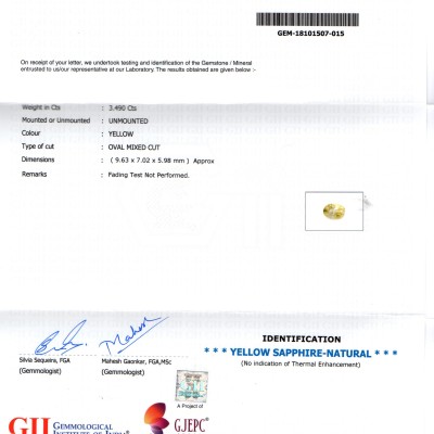 3.49 Ct GII Certified Unheated Untreated Natural Ceylon Yellow Sapphire 3.49 Ct GII Certified Unheated Untreated Natural Ceylon Yellow Sapphire