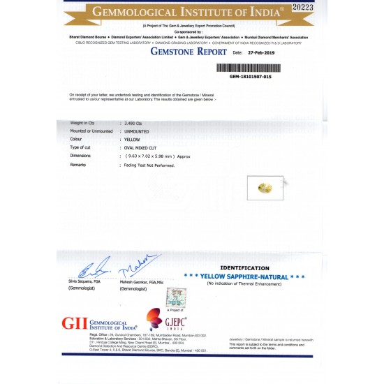 3.49 Ct GII Certified Unheated Untreated Natural Ceylon Yellow Sapphire