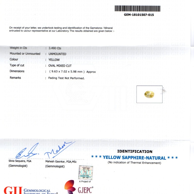 3.49 Ct GII Certified Unheated Untreated Natural Ceylon Yellow Sapphire 3.49 Ct GII Certified Unheated Untreated Natural Ceylon Yellow Sapphire